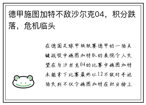 德甲施图加特不敌沙尔克04，积分跌落，危机临头